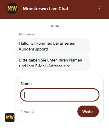 Monsterwin Live-Chat mit Begrüßung und Eingabe der Kontaktdaten