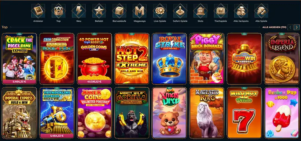 Monsterwin Spielkategorien mit Top-Spielen, Neuheiten, Bonuskäufen, Megaways und Jackpots